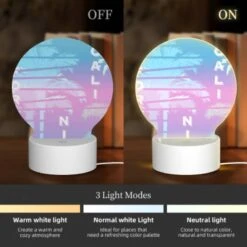 Round Acrylic Night Light, A Colorful Image Of Palm Trees With The Word "California" Written In The Foreground. -Cute Night Light Shop 001470dec2a0318d190d52751ec1805b74930896