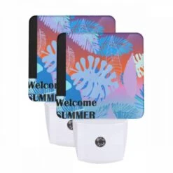 Night Light Set Of 2, A Colorful Image Of A Tropical Forest With The Words "welcome Summer" Written In The Bottom Right Corner.