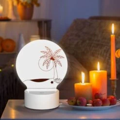 Round Acrylic Night Light, A Brown And White Palm Tree On A White Sandy Beach. -Cute Night Light Shop 036cc1b404f520bb2ea7b5e20f9e30ec6e245401