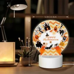 Round Acrylic Night Light, A Colorful Sticker With A Witch On It And The Words "Happy Halloween" On It. 7 Round Acrylic Night Light, A Colorful Sticker With A Witch On It And The Words "Happy Halloween" On It. -Cute Night Light Shop 0384ccd56efe1d80a4aa510fdc2bd109f95a53ed