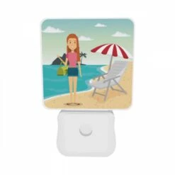 Night Light Set Of 2, A Woman In A Pink Shirt Is Standing On A Beach Holding A Purse. -Cute Night Light Shop 03e29f4a03b153522a3b866c2a5956685188bb57