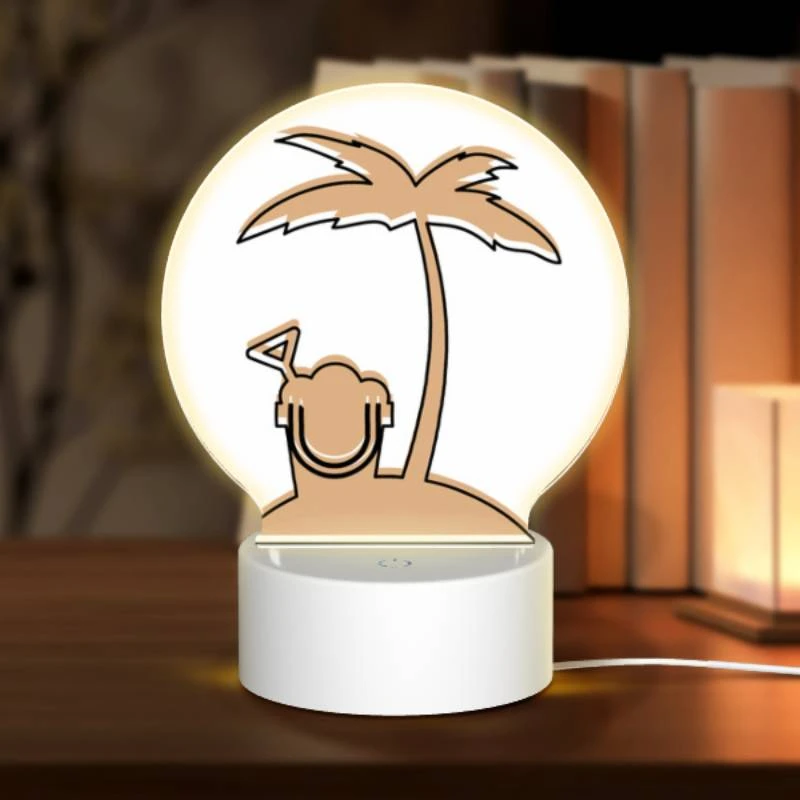 Round Acrylic Night Light, A cartoon image of a person with a headset and a palm tree in the background. Round Acrylic Night Light, A Cartoon Image Of A Person With A Headset And A Palm Tree In The Background. -Cute Night Light Shop 05f28a83c92749dbbaf4771e0b1e63f6fe5842e8