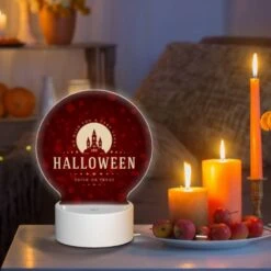 Round Acrylic Night Light, A Halloween Poster With A Castle And A Trick Or Treat Message. -Cute Night Light Shop 077082fc78a3ea04a37627f9885db8571007bf79