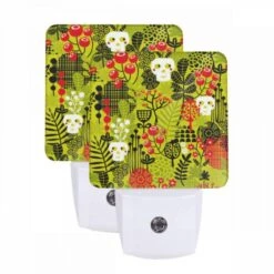 Night Light Set Of 2, A Colorful And Vibrant Design Featuring A Skull And A Flower.