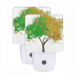 Night Light Set Of 2, A Tree With Green And Yellow Leaves.
