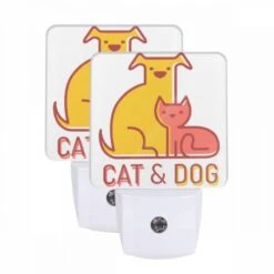 Night Light Set Of 2, A Yellow Dog And A Red Cat Sitting Together.