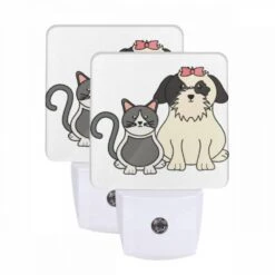 Night Light Set Of 2, A Cat And A Dog Are Sitting Next To Each Other.