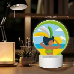 Round Acrylic Night Light, A Woman Wearing A Grass Skirt And A Sun Hat Is Standing On A Beach. -Cute Night Light Shop 0e7973fe6fcc76096104b8a97cbfdb7be597dee9
