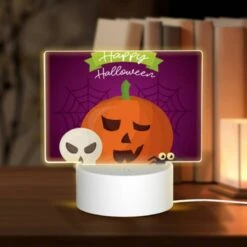 Rectangular Acrylic Night Light, A Happy Halloween Sign With A Pumpkin And A Skeleton.