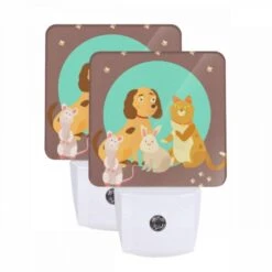 Night Light Set Of 2, A Dog And A Cat Are Sitting Next To Each Other.