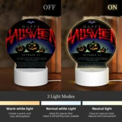 Round Acrylic Night Light, A Poster With Three Pumpkins And The Words "Happy Halloween" Written On It. 4 Round Acrylic Night Light, A Poster With Three Pumpkins And The Words "Happy Halloween" Written On It. -Cute Night Light Shop 111e9b149791e8b181e5a5e26d2ce474b05bc3f2