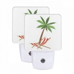 Night Light Set Of 2, A Palm Tree Is Shown In A Red And White Striped Chair.