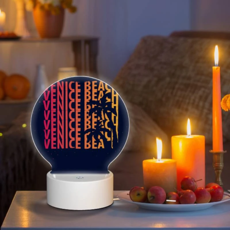 Round Acrylic Night Light, A colorful poster of a beach with the words "Venice Beach" written on it. Round Acrylic Night Light, A Colorful Poster Of A Beach With The Words "Venice Beach" Written On It. -Cute Night Light Shop 1370644da2dcd87d0d10c2caf92e8661938f4939