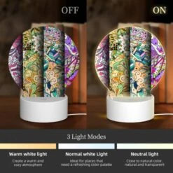 Round Acrylic Night Light, Three Colorful And Intricate Designs Are Displayed On A Row Of Paper. -Cute Night Light Shop 14d7fcfcb055b36f9ec7866f6d8a64b9b9637ad2