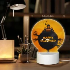 Round Acrylic Night Light, A Round Sign With A House And Bats On It That Says "Happy Halloween.". -Cute Night Light Shop 159b6b9ff8316b1bbc52f7695165e35ec96f7e37