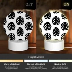 Round Acrylic Night Light, A Pattern Of Leaves On A Black And White Background. -Cute Night Light Shop 177ea5be56917ada581aafba4e3e06d045425abb