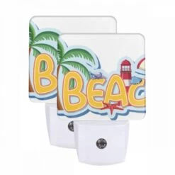 Night Light Set Of 2, A Colorful Cartoon Of A Beach With A Lighthouse And Palm Trees.