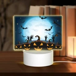 Rectangular Acrylic Night Light, A Group Of Pumpkins With Faces On Them Are Shown In Front Of A Full Moon.