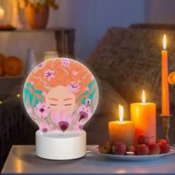 Round Acrylic Night Light, A Woman With Red Hair Is Surrounded By Flowers. -Cute Night Light Shop 1ac53adfd8a7d9ebb1c508f44065b2f089e7ac64