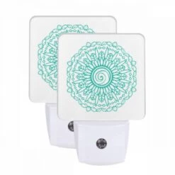Night Light Set Of 2, A Blue And Green Flower Design.