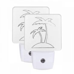 Night Light Set Of 2, A Black And White Drawing Of A Palm Tree.