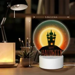 Round Acrylic Night Light, A Halloween Poster With A Castle And The Words "Happy Halloween" Written On It. -Cute Night Light Shop 1db2a4722b0f910b3c094f055829f3b33f89544b