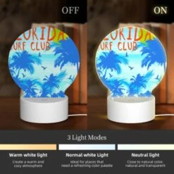 Round Acrylic Night Light, A Colorful Surf Club Poster With A Blue And Orange Background. -Cute Night Light Shop 1e46a09c1838acf673e4bc7fb07c80b48c1bdcf4