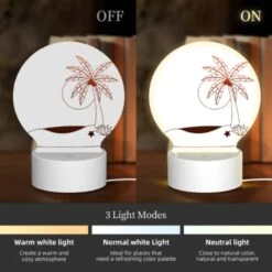 Round Acrylic Night Light, A Brown And White Palm Tree On A White Sandy Beach. -Cute Night Light Shop 1f2eee598e4208989ab38599db873d7942039fe8