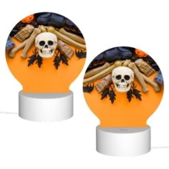 Round Acrylic Night Light, A Skeleton And A Skull Are On A Table With A Bat And A Book. -Cute Night Light Shop 1f4e1e477f563df47028f13abe43ee97a452d2f8