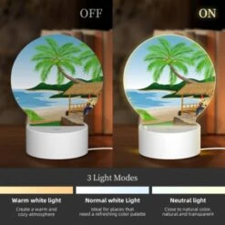 Round Acrylic Night Light, A Man Is Sitting Under A Palm Tree On A Beach. -Cute Night Light Shop 22e21752826720e79cc4d7acc5019eb29e76f601