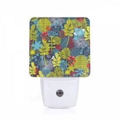 Night Light, A Blue And Yellow Floral Pattern With Red Berries.
