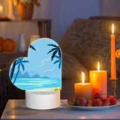Love Acrylic Night Light, A Blue And Yellow Beach Scene With Palm Trees And A Mountain In The Background. -Cute Night Light Shop 2380085eefd64abff7a88d33fcaf1c5e3984145c