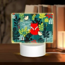 Rectangular Acrylic Night Light, A Red Fox Is Surrounded By A Variety Of Birds And Plants.
