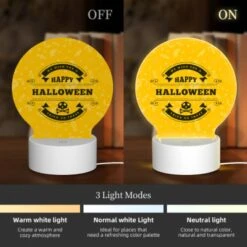 Round Acrylic Night Light, A Yellow Sign That Says "Happy Halloween" With A Skull And Crossbones On It. -Cute Night Light Shop 2723935c1224a49e38ccb74cd36641bb84491d1b