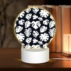 Round Acrylic Night Light, A Pattern Of Leaves On A Black Background.