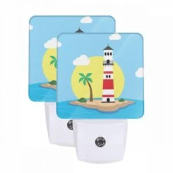Night Light Set Of 2, A Lighthouse Stands On A Small Island In The Ocean.