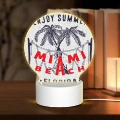 Round Acrylic Night Light, A Black And White Poster Advertising Miami Beach