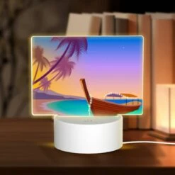 Rectangular Acrylic Night Light, A Boat Is Sitting On The Beach At Sunset.