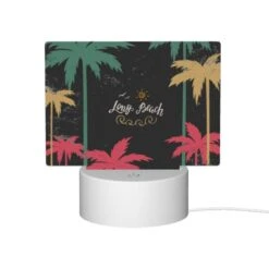 Rectangular Acrylic Night Light, A Black And White Image Of Palm Trees With The Words "Long Beach" Written In Gold. -Cute Night Light Shop 2f8dd9679fefac1bf3fd7c02cd21d56aa0f066de