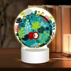 Round Acrylic Night Light, A Colorful Circle With A Bird And A Cherry Tree.