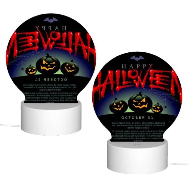 Round Acrylic Night Light, A poster with three pumpkins and the words "Happy Halloween" written on it. Round Acrylic Night Light, A Poster With Three Pumpkins And The Words "Happy Halloween" Written On It. -Cute Night Light Shop 39aa6635b57791850ddb2a1d409404aad33575d0