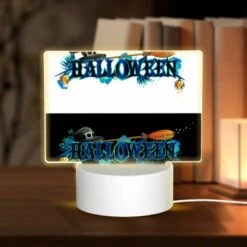 Rectangular Acrylic Night Light, A Halloween Sign With A Wizard And A Broom.