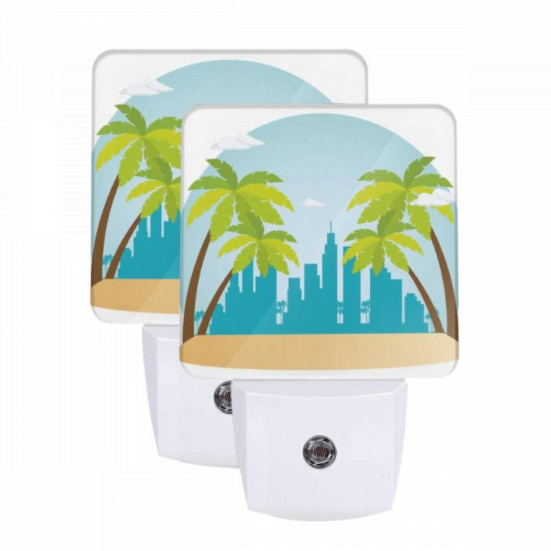 Night Light Set of 2, A cityscape with palm trees and a tall building in the background. Night Light Set Of 2, A Cityscape With Palm Trees And A Tall Building In The Background. -Cute Night Light Shop 3b32db76e4930fbe08fe5cd1d55f497bc09c5627
