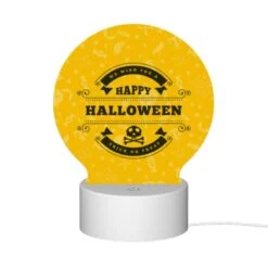 Round Acrylic Night Light, A Yellow Sign That Says "Happy Halloween" With A Skull And Crossbones On It. -Cute Night Light Shop 3c67582c4c5be9b391b7e306d9c1d5b2b8e5c0b4