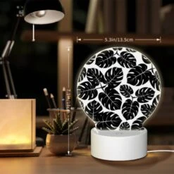 Round Acrylic Night Light, A Pattern Of Leaves In Black And White. -Cute Night Light Shop 3d21d4542490ccb47395631f88877cf2fd72b857