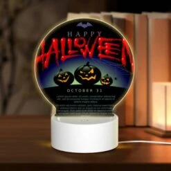 Round Acrylic Night Light, A Poster With Three Pumpkins And The Words "Happy Halloween" Written On It.