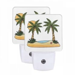 Night Light Set Of 2, A Cartoon Drawing Of A Tropical Island With Two Palm Trees And A Sun.
