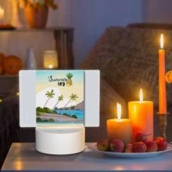Rectangular Acrylic Night Light, A Colorful Poster Of A Tropical Island With A Pineapple On Top. -Cute Night Light Shop 42327ec36bbe63a8a243eae71370b70e13dd2ae9