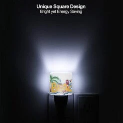 Night Light Set Of 2, A Colorful Cartoon Of A Beach With A Lighthouse And Palm Trees. -Cute Night Light Shop 451d2033898e8c45d389f9df1ebc6d5563a999f7