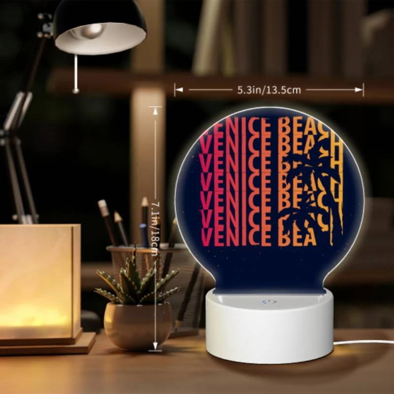 Round Acrylic Night Light, A colorful poster of a beach with the words "Venice Beach" written on it. Round Acrylic Night Light, A Colorful Poster Of A Beach With The Words "Venice Beach" Written On It. -Cute Night Light Shop 474b6666efebb4af828bbe0e4503a8264fb12d89